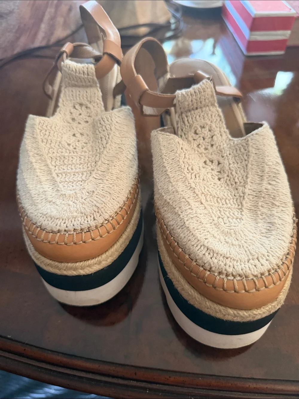 Free People Cream Crochet Espadrille Platform Sandals with Tan Trim